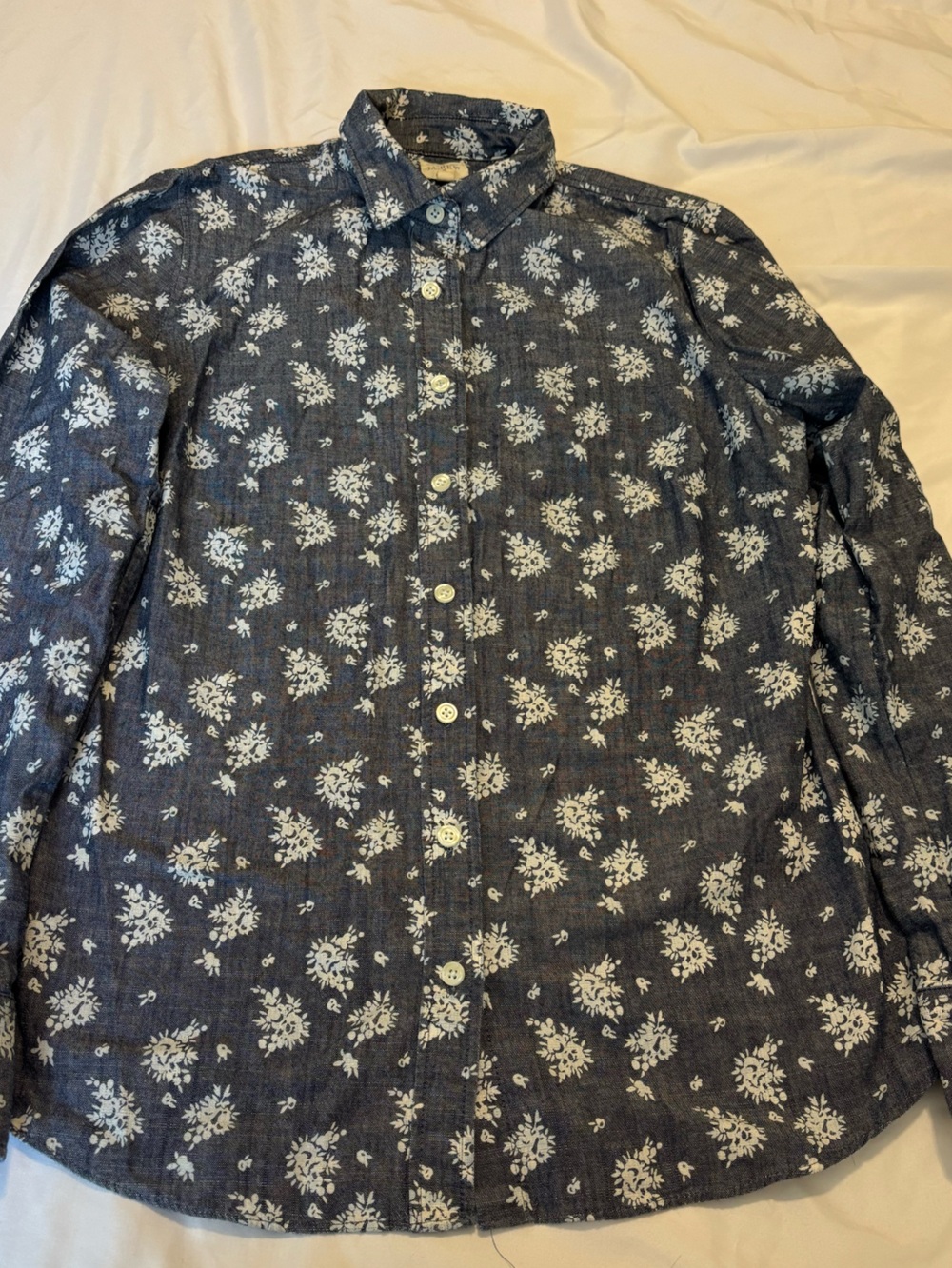J. Crew “The Perfect Shirt” Denim Look Button-Down Shirt with white Floral Print